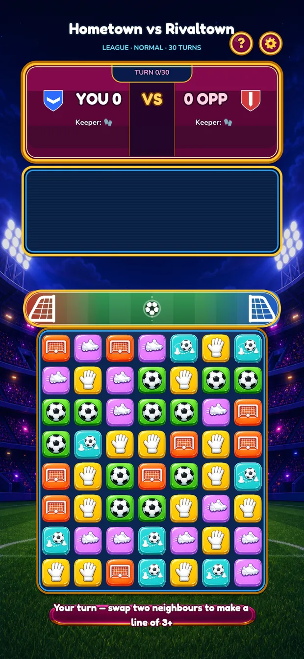 A league match in progress: scoreboard, momentum bar and the 7x8 board of football tiles